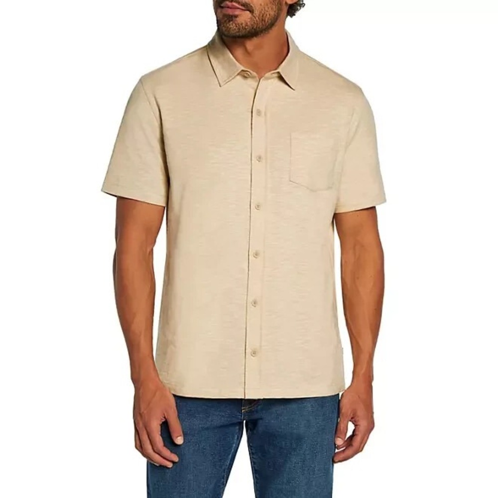 Gap Mens Short Sleeve Knit Button Down Shirt Size L Beige Slub Jersey Pocket